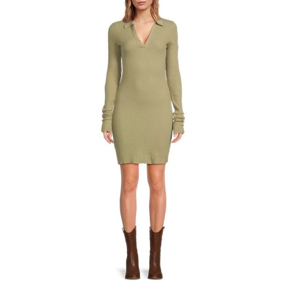 The Range Woman Johnny Collar Waffle Knit Body Con Dress Beige Size Small